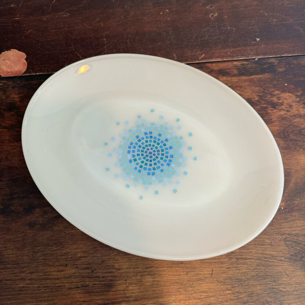 Fire King Vintage milk glass Blue Mosaic Pattern Serving Plate‎ Platter